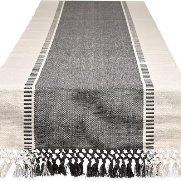 Dobby Stripe Woven Table Runner, 13x72 13x77.5, Fringe Included, Mineral Gray - Picture 1 of 10